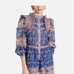 SEA New York Floral Blue and Purple Rosita Border Long Sleeve Romper